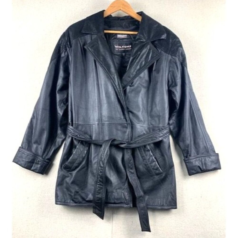 Wilsons Black Leather Belted Jacket Women's Medium with‎ Thinsulate Lining Vtg